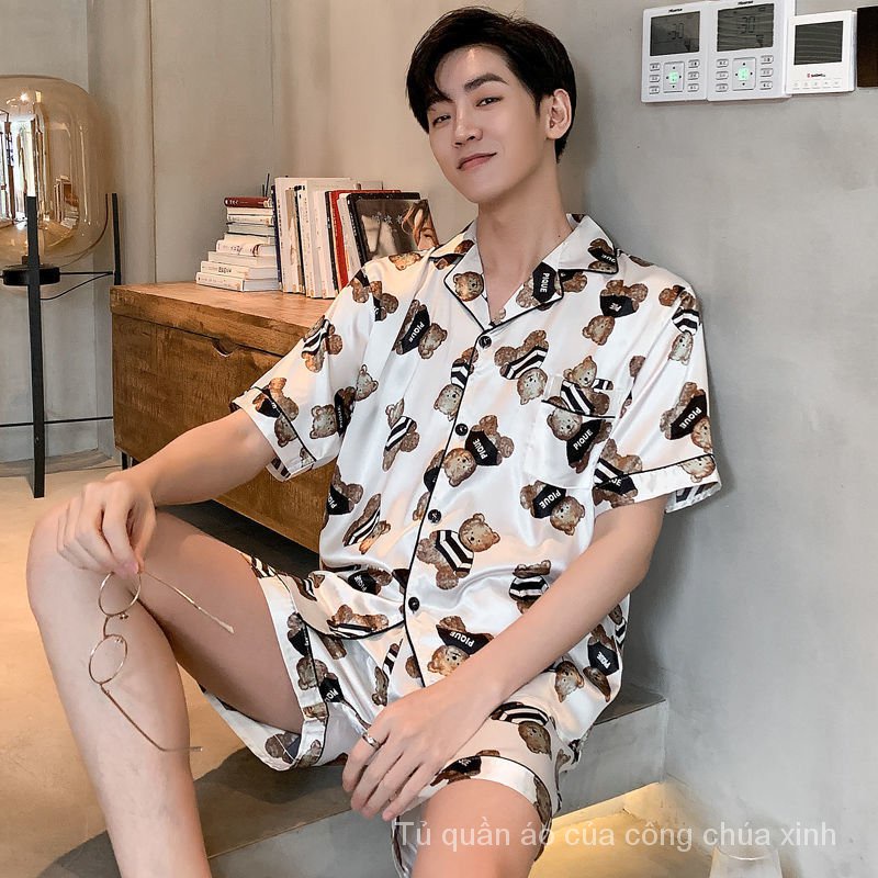 Bộ đồ ngủ ngắn tay bằng vải lụa lạnh mỏng in họa tiết hoạt hình thời trang mùa hè cho nam X80W