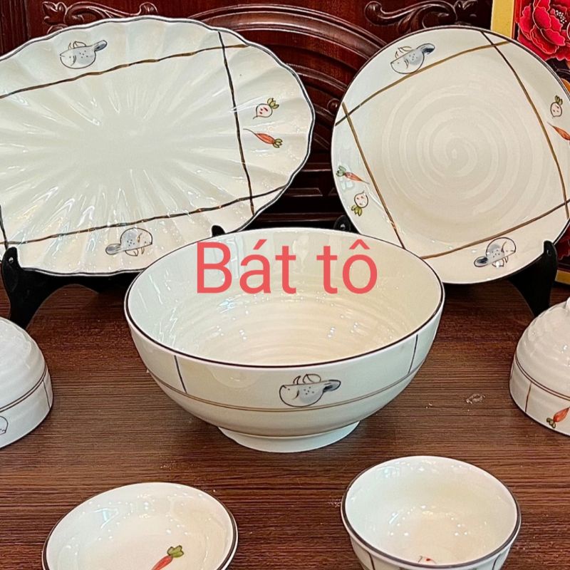 Bán lẻ bộ bát đĩa vẽ củ quả men kem.Hàng gốm sứ Bát Tràng.
