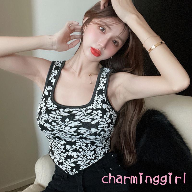 QAQ-Women´s Slim-fit Knit Tank Tops Sleeveless Contrast Color Floral Print U-shaped Neck Pullover