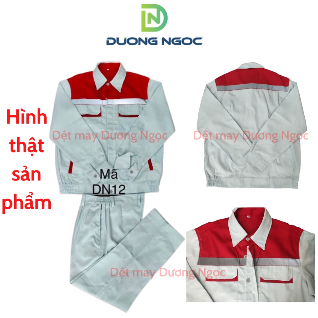 Quần Áo Bảo Hộ Lao Động Đồ Công Nhân, Đồng Phục BHLĐ Nam Màu Ghi Ánh Xanh Phối Đỏ Vải Kaki Nhuộm Hoạt Tính Đủ Size DN12
