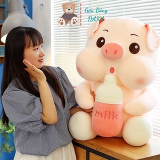 Gấu bông gấu ôm heo ôm bình sữa, heo milk lợn nhồi bông chất liệu vải nhung mịn cao cấp