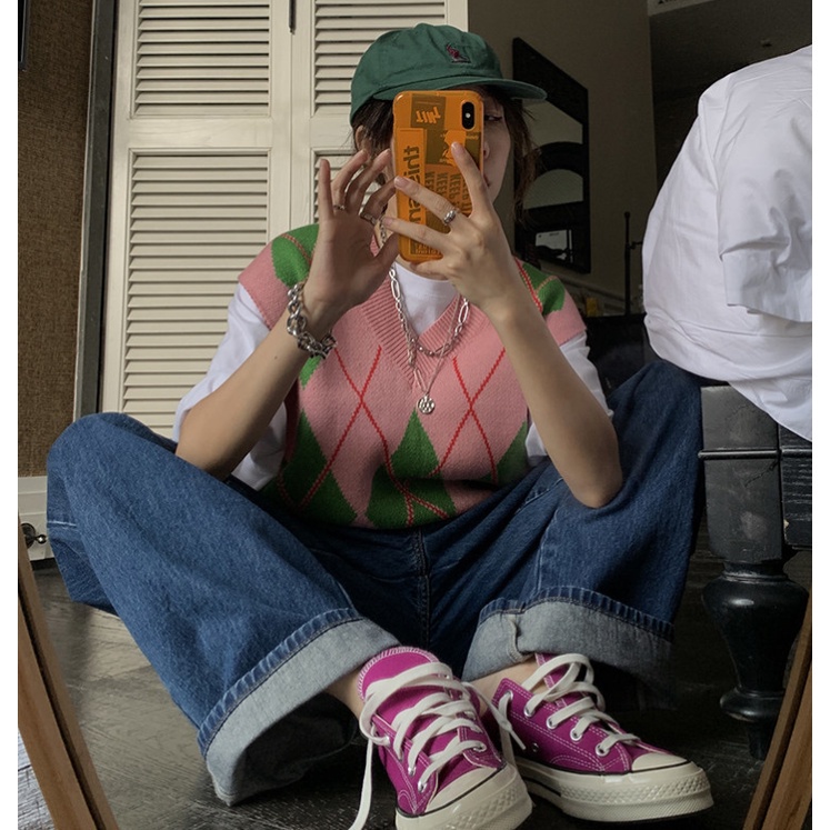 Áo dệt kim không tay dáng rộng phong cách retro đơn giản