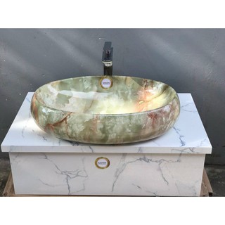 Chậu lavabo đặt bàn hình elip vân đá màu xanh