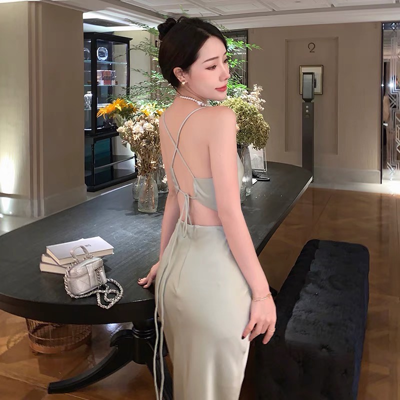 Đầm midi lụa satin xanh ngọc dây cổ đỗ đan dây hở lưng gợi cảm Dayu