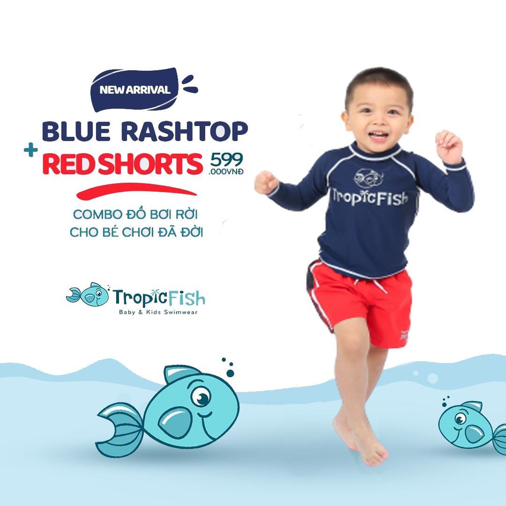 Combo đồ bơi chống nắng và giữ nhiệt cho bé TropicFish Blue Rashtop &amp; Red Shorts