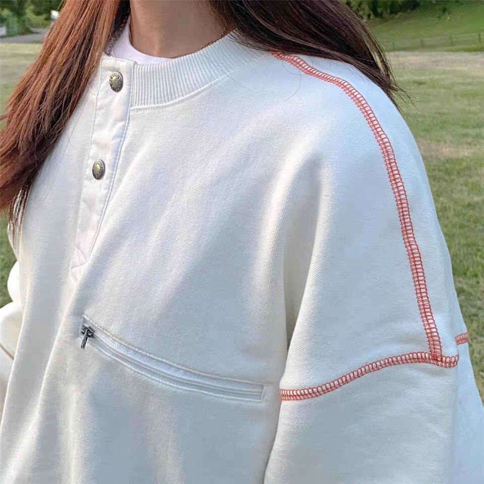 ÁO SWEATER MCC NỈ BÔNG THÊU VIỀN - ÁO NỈ THUN DÀI TAY PHỐI MÀU XANH ĐỎ CÚC BẤM TRẮNG UNISEX | BigBuy360 - bigbuy360.vn