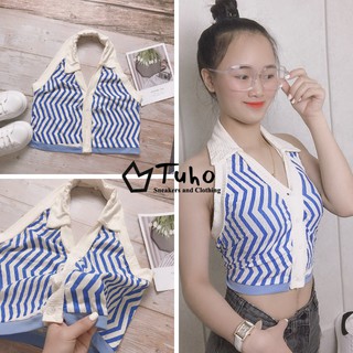 Áo Yếm Nữ Kẻ Sọc, Áo Yếm 2 Dây Sát Nách Cổ Bẻ Sọc Cài Nút Cá Tính Siêu Đẹp Đành Cho Cô Nàng Năng Động