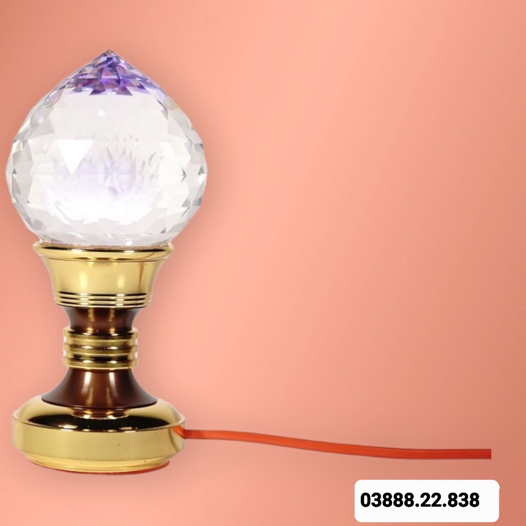 Đèn thờ led pha lê bông sen búp đào nguyên khối đế đồng đổi màu cao cấp 8in cao 20cm