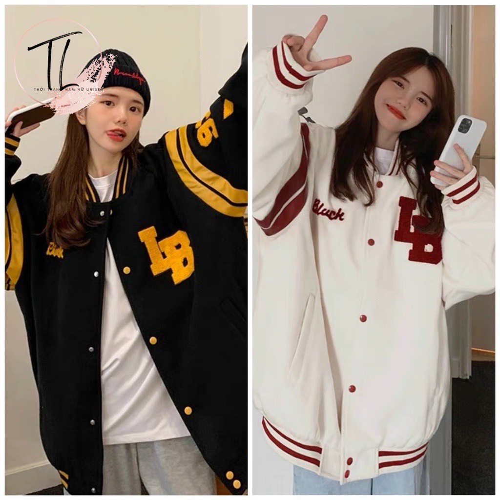 Áo khoác nỉ LB bomber thể thao nút bấm unisex tay phồng phong cách Hàn Quốc
