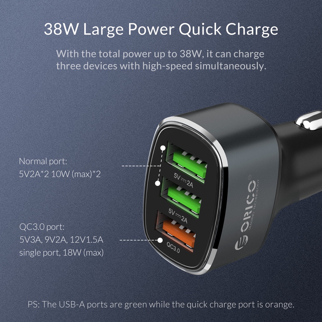 ORICO 33W 3 Cổng USB Sạc Nhanh QC 3.0 Bộ Sạc Trên Ô Tô - Sạc Điện Thoại Di Động Nhanh Orico UPB-3U - Hàng chính hãng