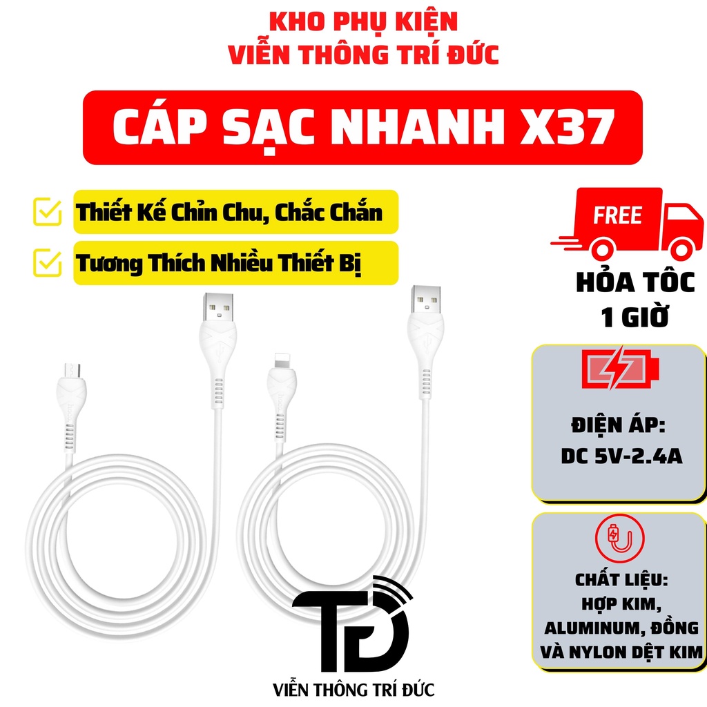 Cáp Sạc Nhanh X37 Chống Rối Sạc Full Dòng Smartphone - Dây Truyền Tải Dữ Liệu Dài 1M - Chính Hãng