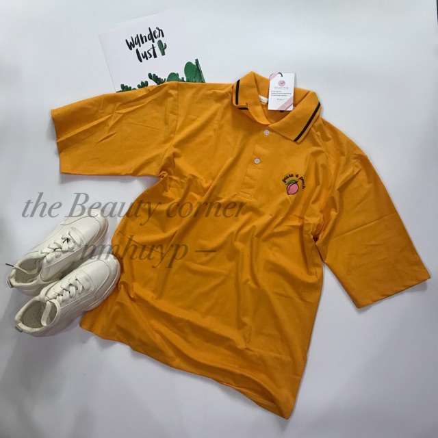 ÁO THUN UNISEX CỔ POLO FORM RỘNG TAY LỠ THÊU HÌNH QUẢ ĐÀO