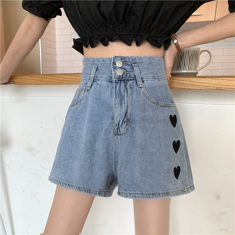 Quần Short Denim Nữ Lưng Cao Thêu Hình Trái Tim