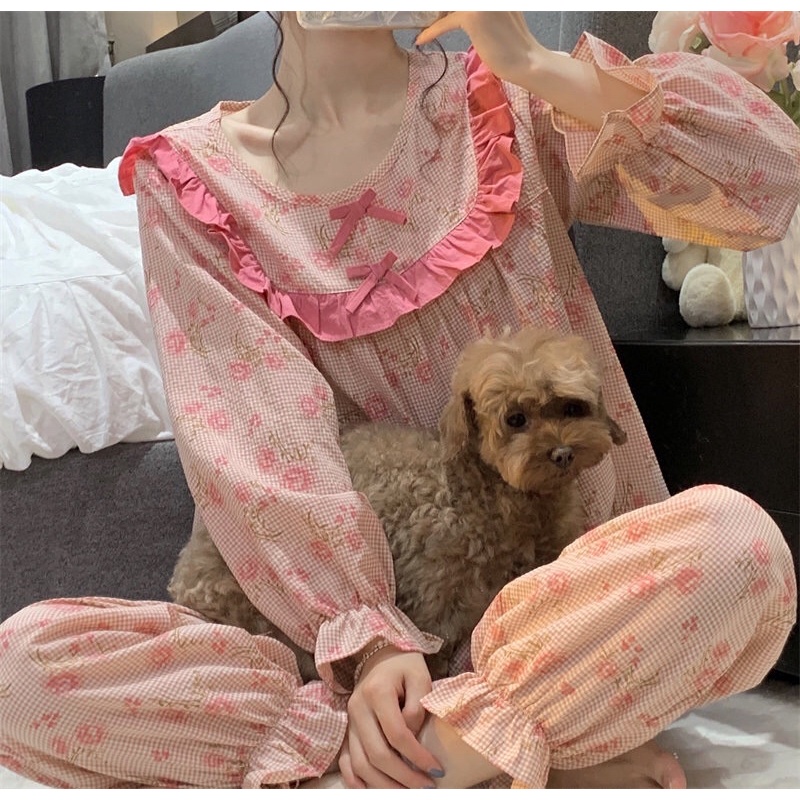 BỘ MẶC NHÀ CARO HOA MÙA THU VIỀN NƠ CỰC YÊU ULZZANG
