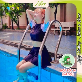 Đồ bơi nữ kín đáo tay ngắn LILY áo bơi học sinh croptop kèm váy bơi cạp cao che bụng BKN39