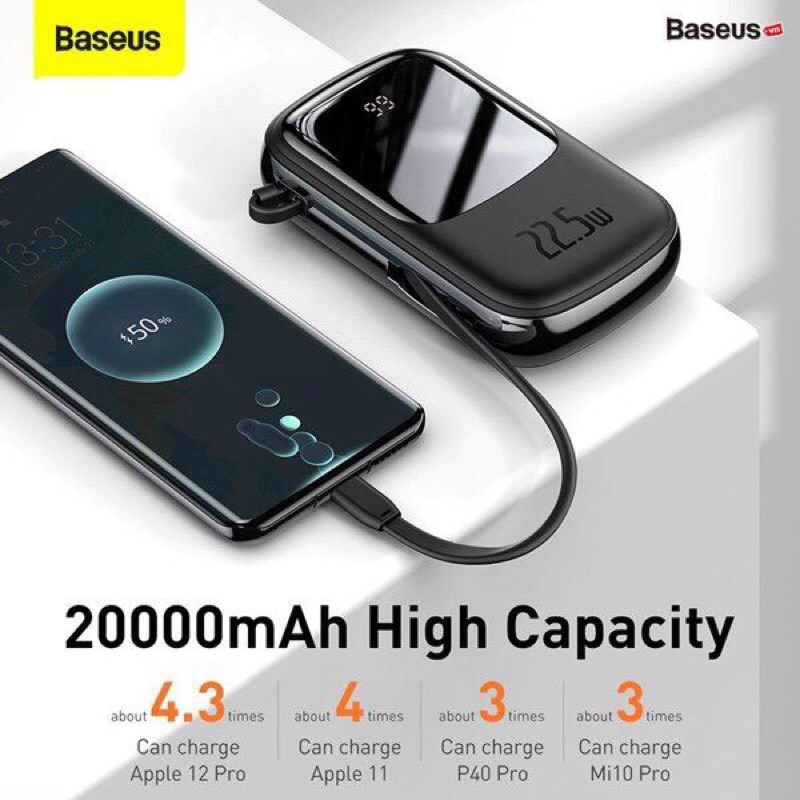 Pin Dự Phòng - Sạc Dự Phòng Baseus Mini 20W-20000mAh Tích Hợp Cáp Sạc Lightning, Màn Hình LED