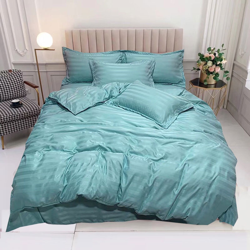 Bộ chăn ga gối kẻ sọc 3f LIDACO sang trọng trơn - Xanh Ngọc