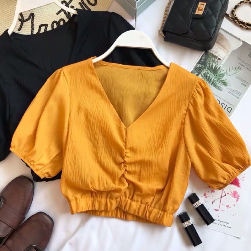 DANI chọn kiểu FULL TAG chấm bi croptop tay phồng nhún ngực cổ V chất somi lụa bo chun eo