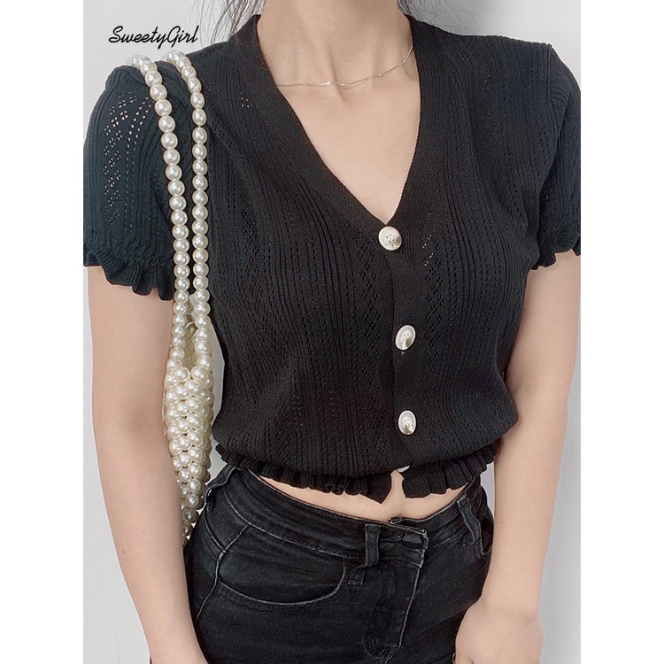 Áo Thun Dệt Kim Tay Ngắn Cổ Chữ V Màu Đen Trơn Cài Nút Thời Trang 2022 Quyến Rũ Cho Nữ