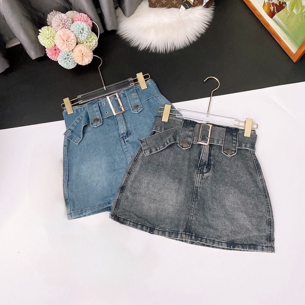 CV005 Chân váy bò denim ngắn lưng cao kèm đai đục lỗ chất jeans mềm mịn co giãn tốt Hàn Quốc dáng chữ A có quần trong