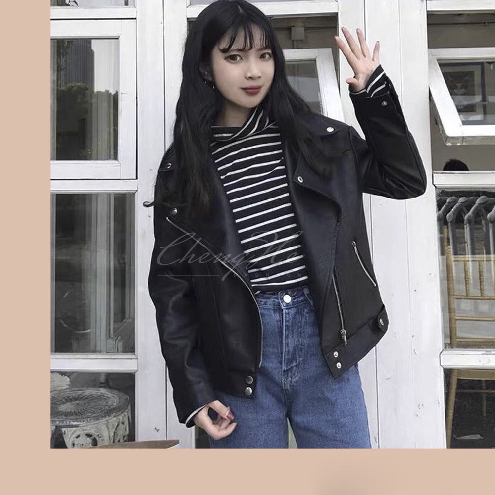 (SẴN) Áo khoác da nữ dáng ngắn phong cách Hàn Quốc màu đen A00007
