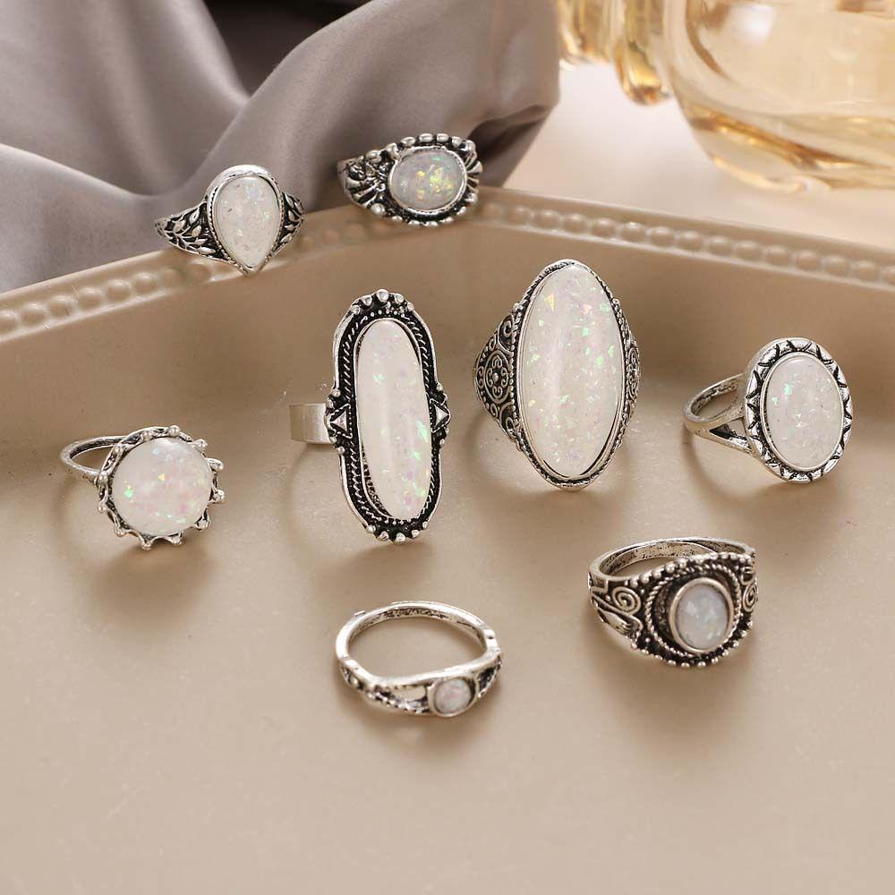 Bộ 8 Nhẫn Hợp Kim Đính Đá Opal Cho Nữ|Điêu Khắc|Trang Sức Vòng Cổ Màu Sắc Bohemian