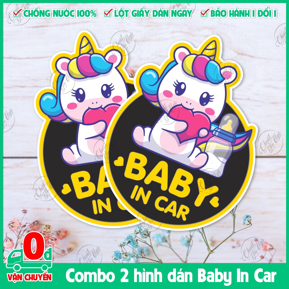 Combo 2 miếng dán hình con ngựa KỲ LÂN unicorn Baby In Car trang trí ô tô chống thấm nước dễ thương