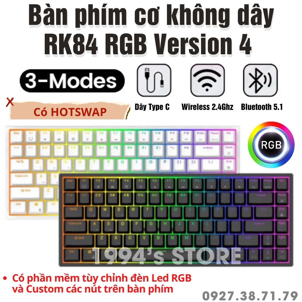 (CÓ SẴN) Bàn phím cơ Royal Kludge RK84 Version 4 Led RGB Wireless 2.4G + Bluetooth 5.1 + Có dây Type C + Hotswap