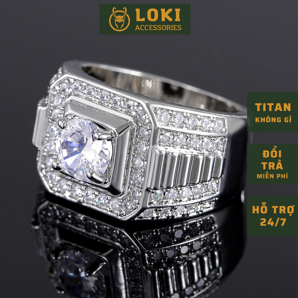 Nhẫn nam nữ tròn Loki Accessories màu bạc thời trang chất Titan đẹp đơn giản không gỉ - Nhẫn Cuban Đá