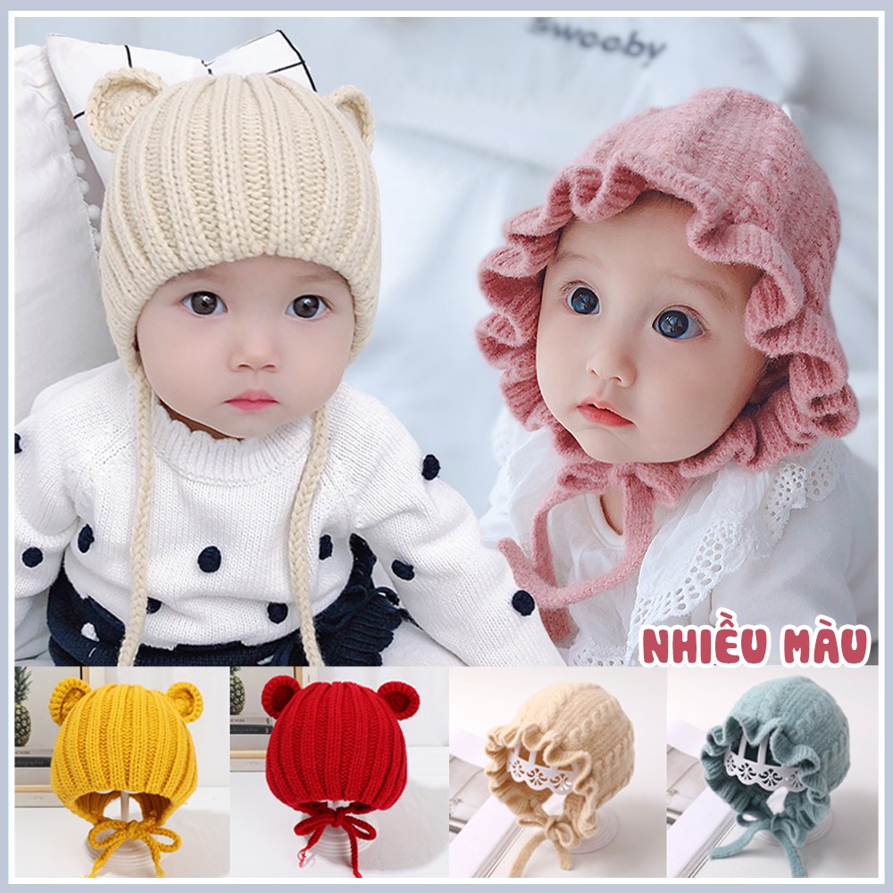 Mũ len dệt kim thu đông (có dây buộc), giữ ấm cho bé từ 4 tháng- 3 tuổi