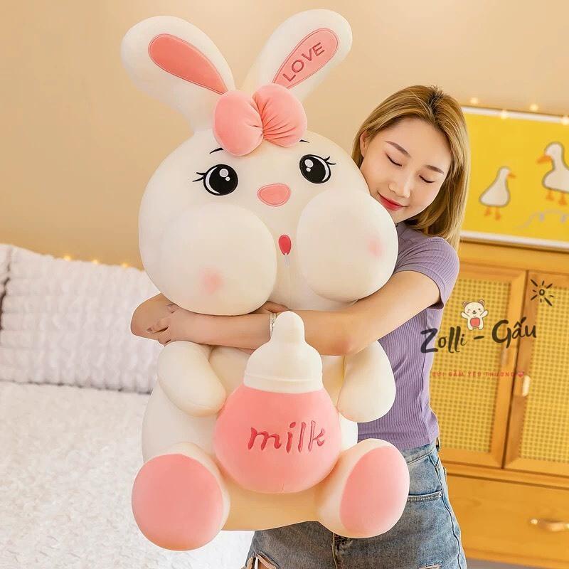 Gấu Bông Thỏ Mũ Tím - Ôm Bình Sữa - Thỏ Nhồi Bông Hama