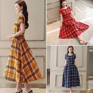 Đầm cổ tròn hoạ tiết sọc ca-rô phong cách vintage