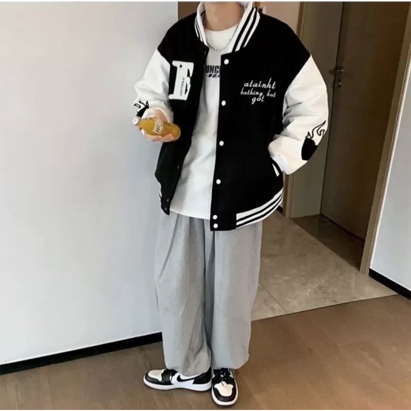 Áo Khoác Bomber Phối Da Siêu Chất In Hình Tim Lửa Siêu Ngầu Dáng Unisex