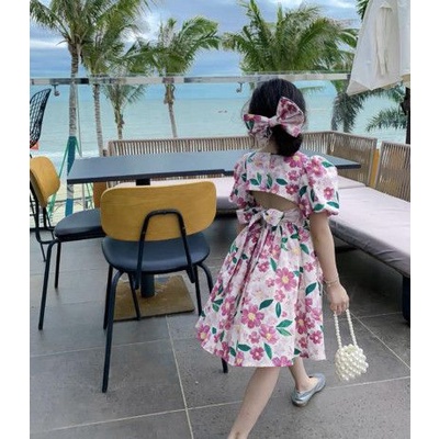 BG516 - VÁY HOA HỒNG XÒE KHOÉT NƠ LƯNG BÉ GÁI