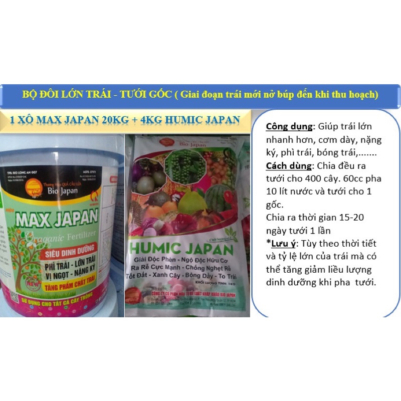 Bộ đôi nuôi trái loại lớn gồm 1 xô max japan 20kg + 4 gói humic của thương hiệu quả cầu lửa