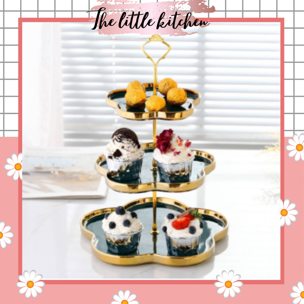 Khay bánh sứ 2 tầng/3 tầng viền vàng kiểu dáng hoa anh đào màu xanh cổ vịt