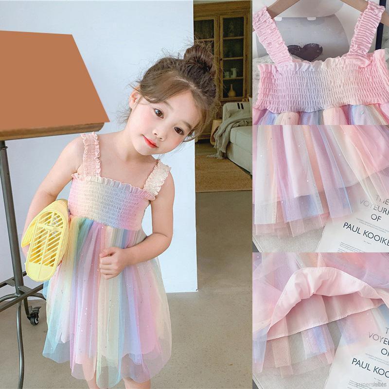 Đầm Dây Họa Tiết Cầu Vồng Đáng Yêu Dành Cho Bé 3-9 Tuổi