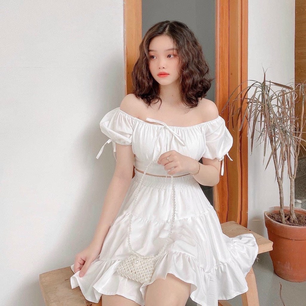 Set áo crt trễ vai ôm body chân váy tầng lưng cao tôn dáng/ Set bộ đi chơi nữ 2 màu quyến rũ style hàn quốc_ranstore