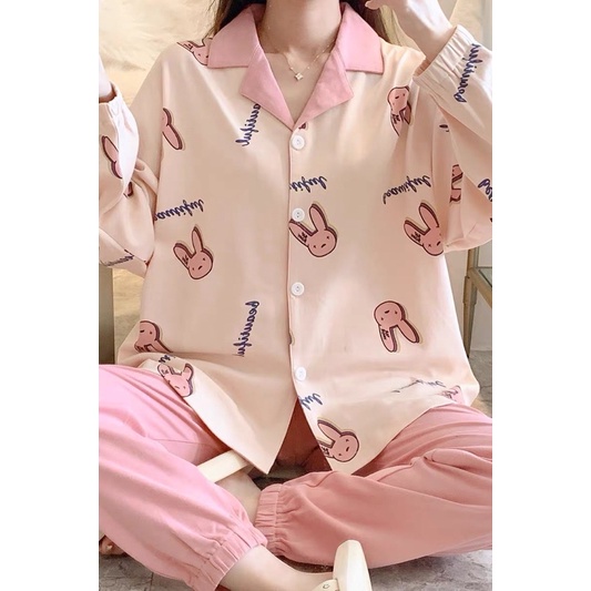 Bộ Ngủ Pijama Dài Tay Thỏ Hồng Xinh Xắn Mặc Nhà Form Rộng | BigBuy360 - bigbuy360.vn
