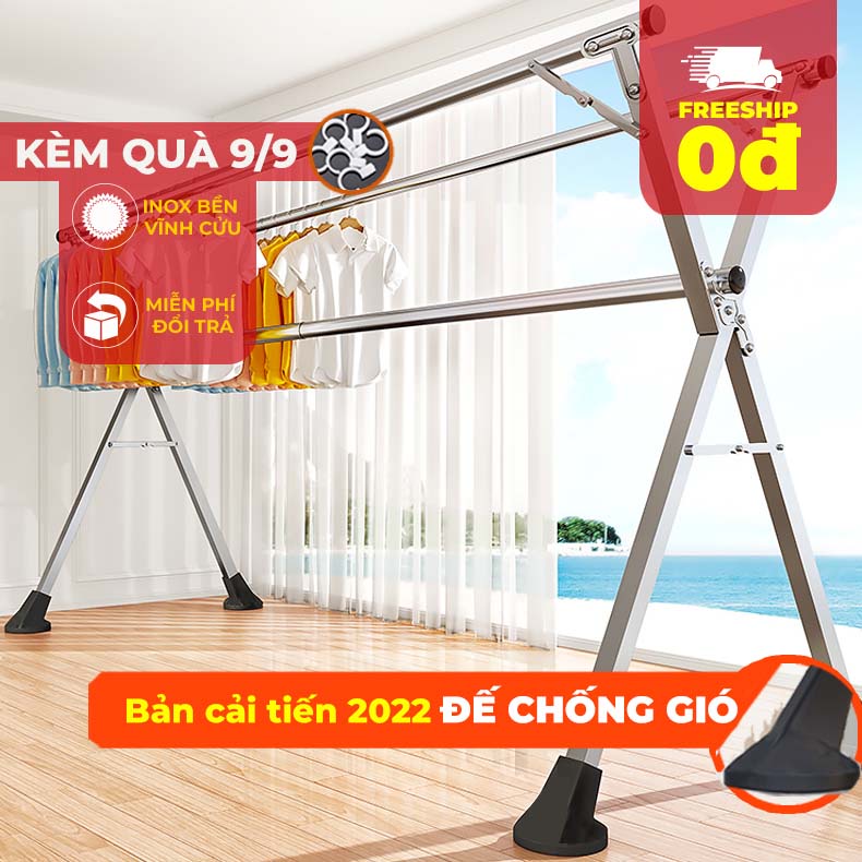 Giàn Phơi Đồ Bánh Xe Gấp Gọn Loại Khung Phơi Kèm Giá Sào Thông Minh, Cây INOX Treo Quần Áo Tặng 20 Móc chống bay