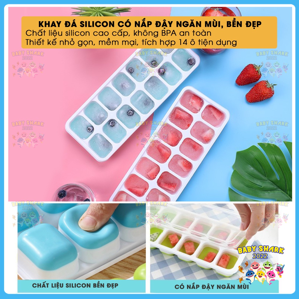 Khay làm đá silicon có nắp đậy 14 viên, khay trữ đông, làm đá thạch, ngăn mùi hiệu quả
