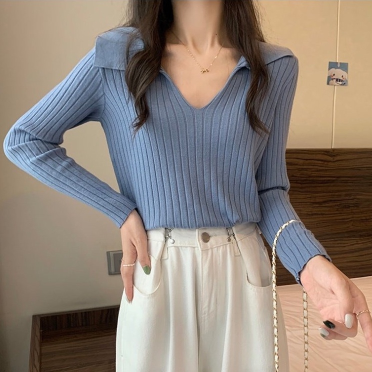 Áo Dệt Kim Nữ Dài Tay Cổ Chữ v Sọc Ngang Thời Trang