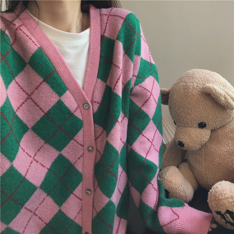 Áo khoác cardigan dài tay cổ chữ V dáng rộng phong cách Hàn Quốc