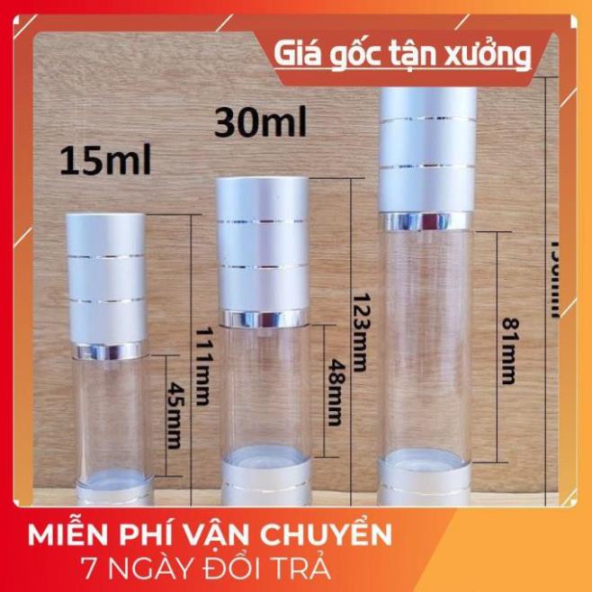 Chai hút chân không trong suốt Nắp Bạc 15ml,30ml,50ml , chai xịt giọt chiết kem , phụ kiện du lịch