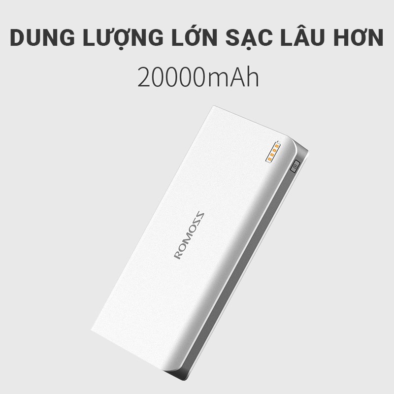 Pin sạc dự phòng 20000mAh Romoss Sense 6 hỗ trợ sạc nhanh tốc độ 2.1A, 1 cổng sạc vào, 2 cổng sạc ra, dung lượng pin lớn