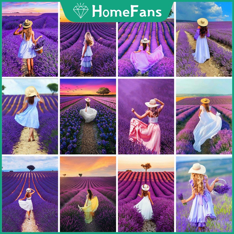 Bộ Tranh Đính Đá Họa Tiết Cô Gái &amp; Hoa Oải Hương Độc Đáo Kích Thước 30x40cm DIY