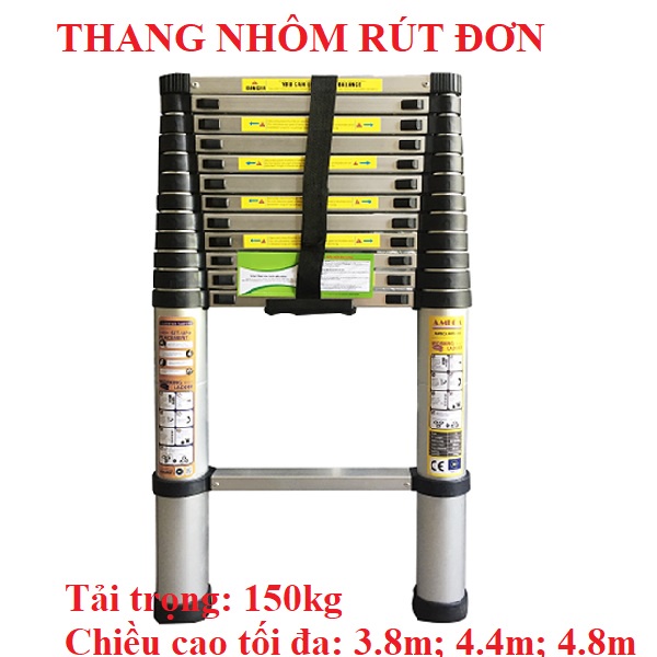 {Chiều cao duỗi thẳng: 3.8m, 4.4m, 4.8m) Thang nhôm rút đơn Ameca chính hãng nhập khẩu (3 lựa chọn)