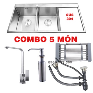 COMBO CHẬU CHÉN 2 HỘC 1 CÁNH TRƠN INOX 304 DÀY 2 LY KÍCH THƯỚC 10048