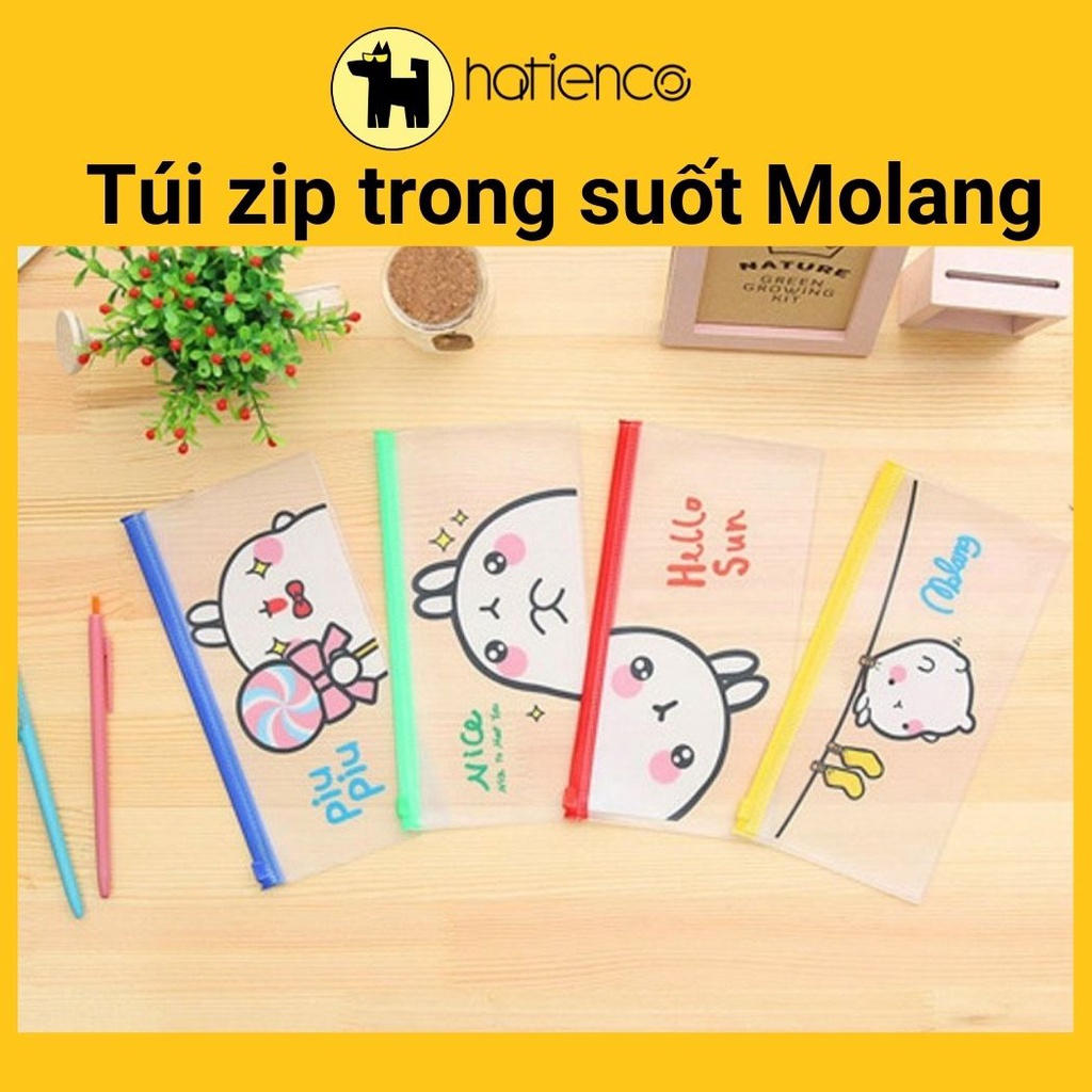 Túi zip A6 đựng bút, mỹ phẩm trong suốt, chống nước hình Molang dễ thương