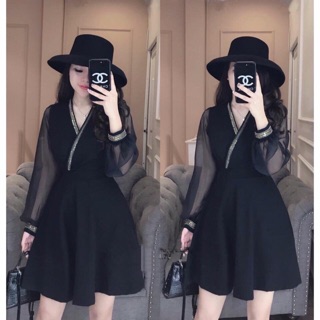 Đầm cổ v kim sa tay phối lưới cực xinh giá hạt rẻ